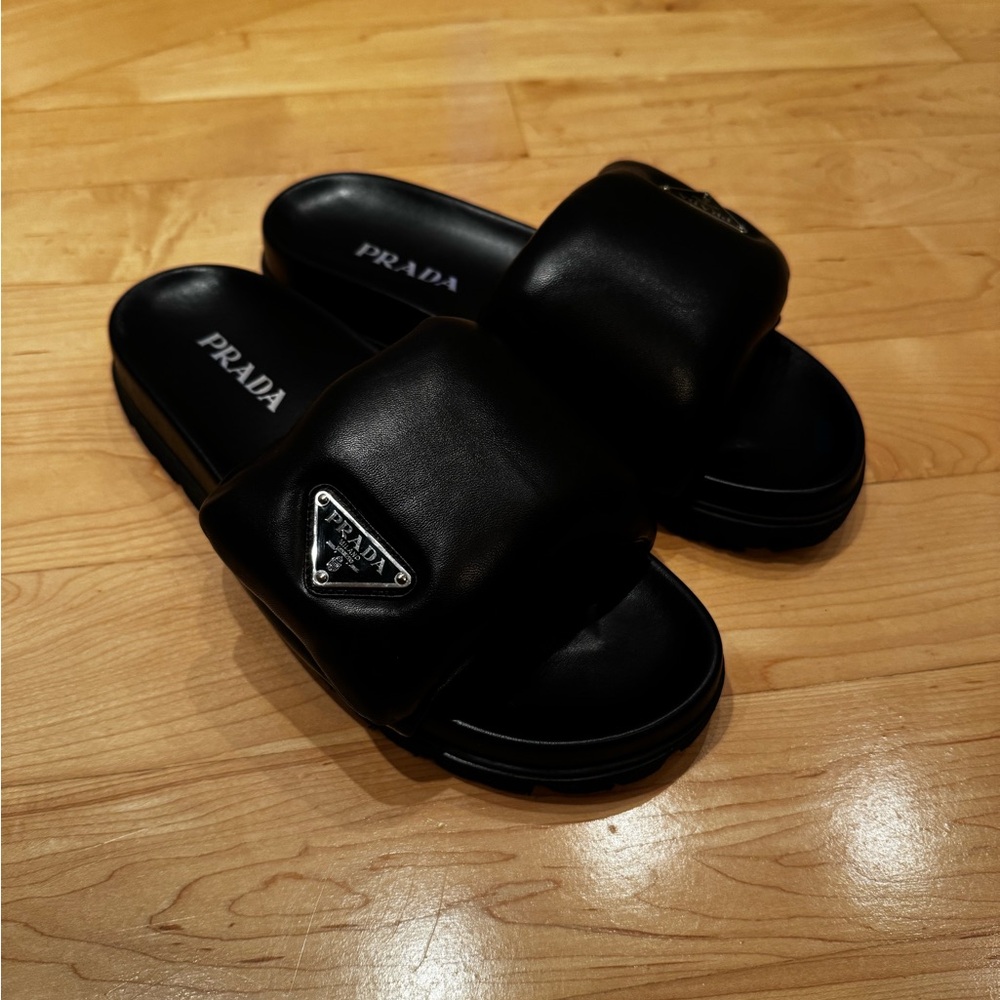 Authentic Prada Black Leather Slides US Size 10
